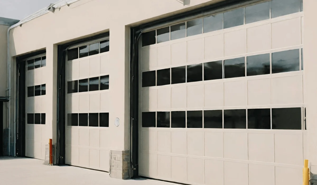 A large commercial garage with two doors and windows