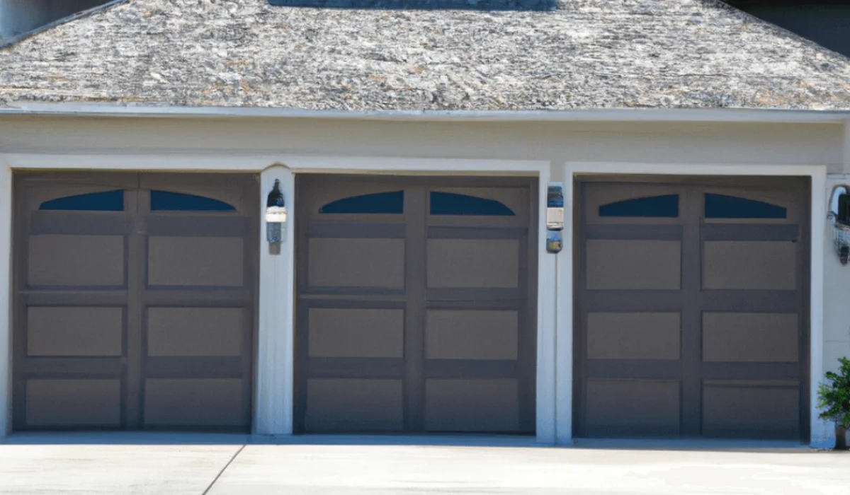 A house with three garage doors and a plant in front of it