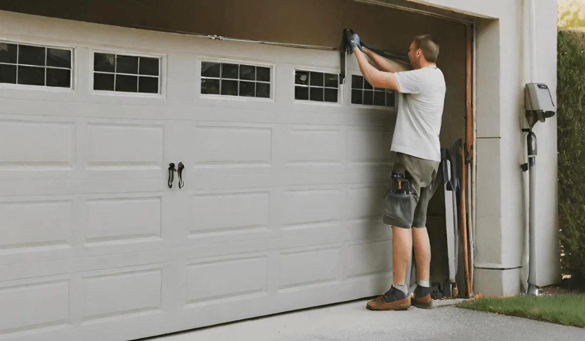 A man in gloves is replacing a garage door