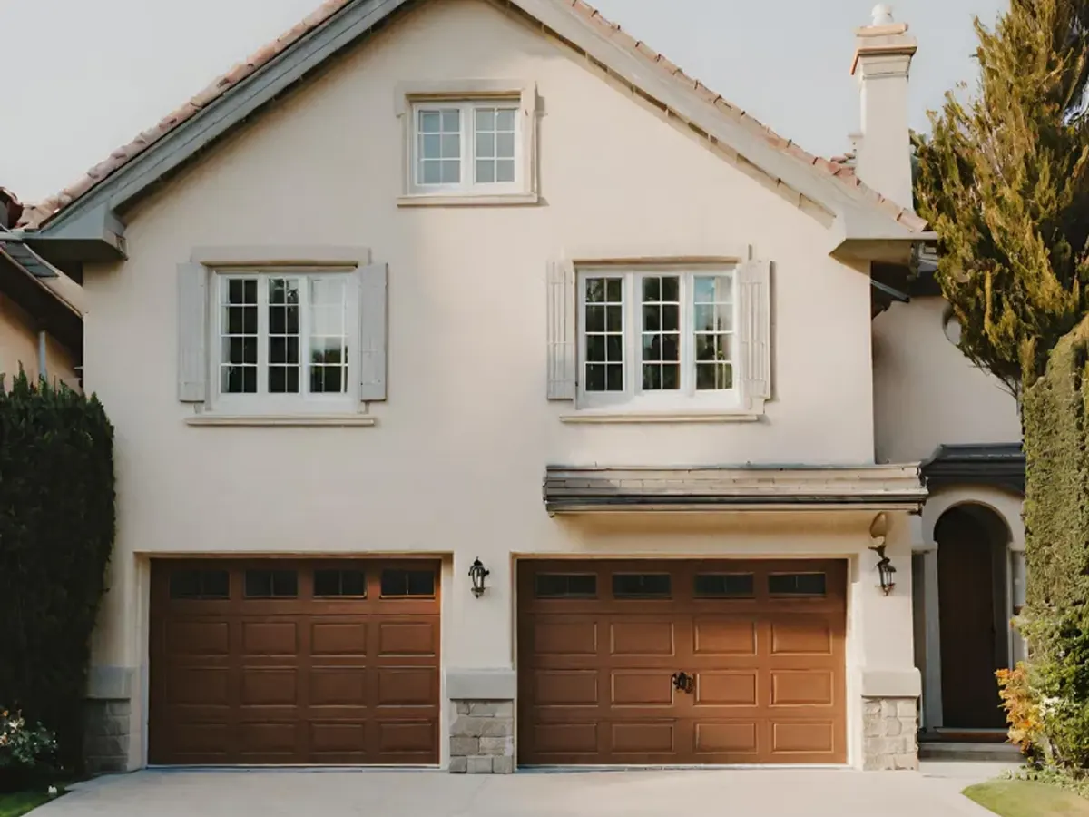 white garage door with small windows on a residential home with a red tiled roof and a paved driveway