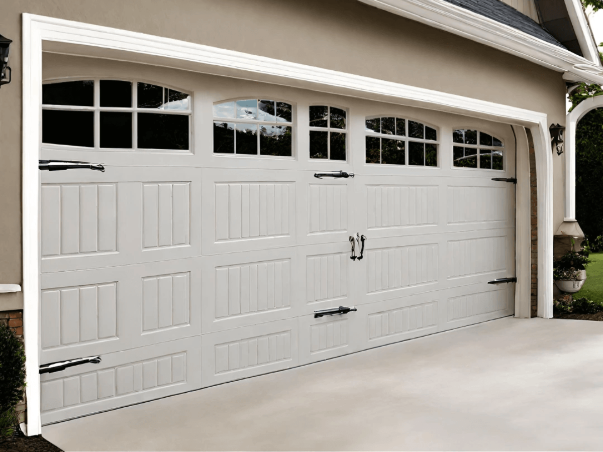 A white garage door with windows