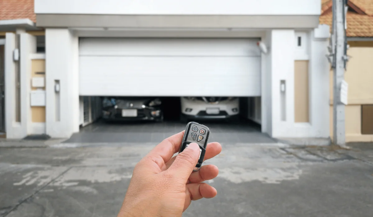 A hand holding a remote to open the garage with two cars parked inside